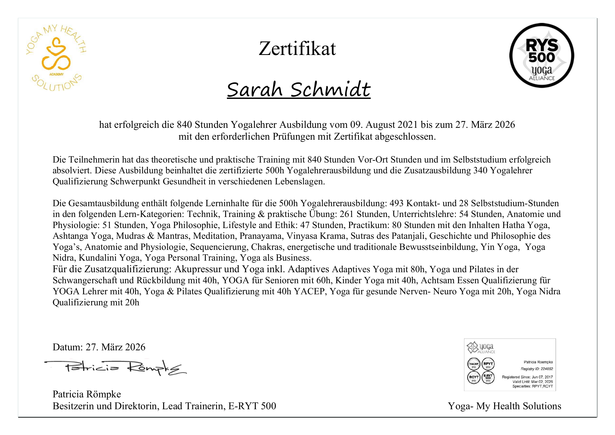 Zertifikat 840h Yogalehrer Aus- und Weiterbildung – Sarah Schmidt